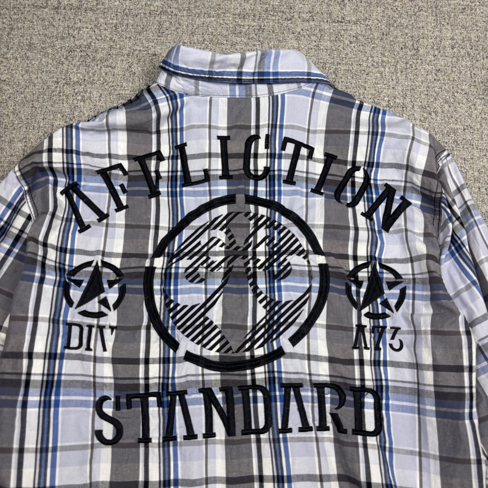 Affliction Button Down Mens Large Black Premium Blue Grey Plaid Embroidered Back